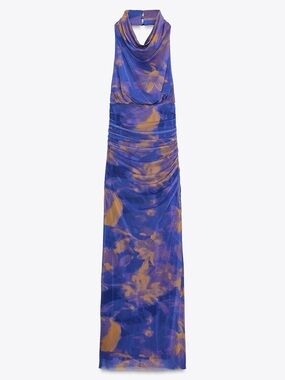 Zara Blue and Orange Cowl Neck Mesh Overlay Halter Maxi Dress